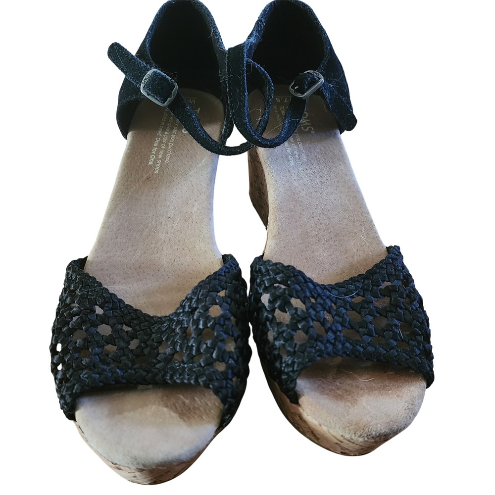 TOMS Womens Black Suede Woven Peep Toe Cork Wedge Ankle Strap Sandals